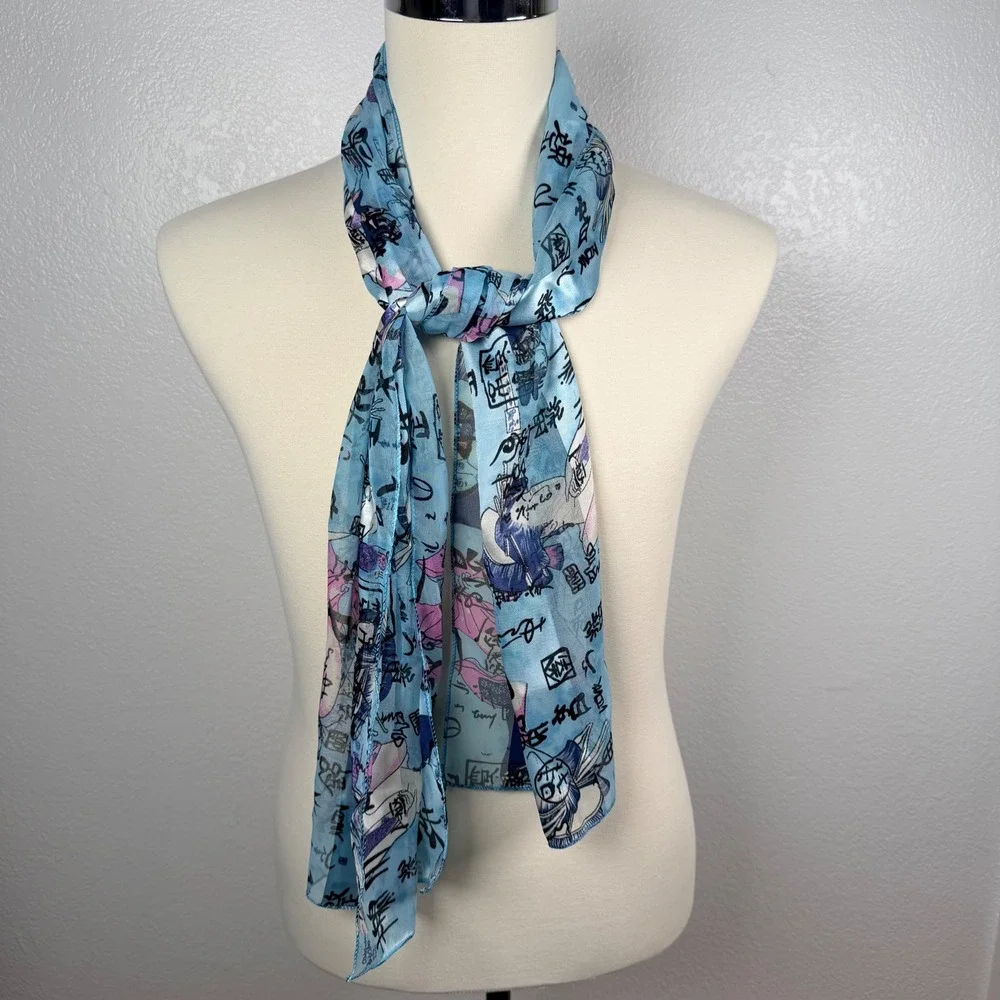 Space Age Blue Geisha Japanese Calligraphy Sheer Rectangle Scarf Made in Korea